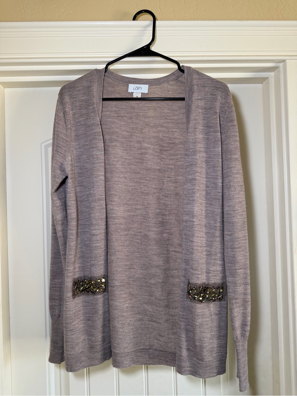 LOFT Lavender Gray Beaded Pocket Open-Front Cardigan